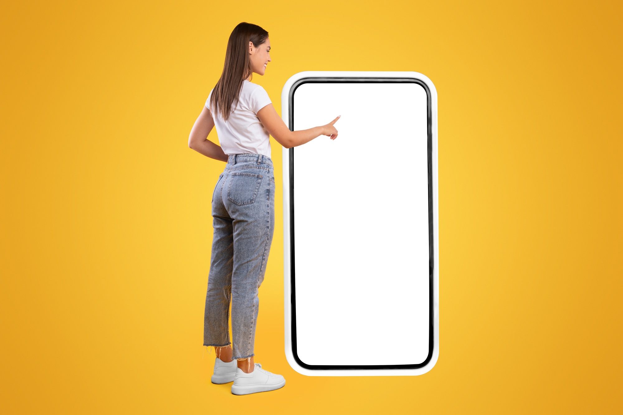 Woman using white empty smartphone screen panel