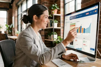 Femme analysant les statistiques d'une campagne de newsletter automatisée sur un écran d'ordinateur dans un bureau moderne