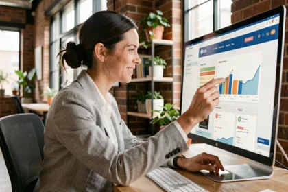 Femme analysant les statistiques d'une campagne de newsletter automatisée sur un écran d'ordinateur dans un bureau moderne