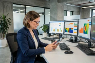 Analyste marketing femme consultant des tableaux de bord de données publicitaires sur plusieurs écrans dans un bureau moderne