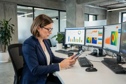 Analyste marketing femme consultant des tableaux de bord de données publicitaires sur plusieurs écrans dans un bureau moderne