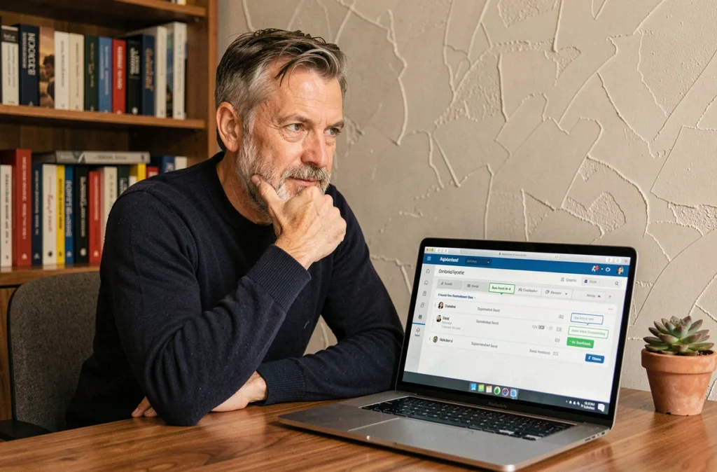 Entrepreneur configurant un système d'automatisation d'envoi de newsletters depuis son bureau à domicile