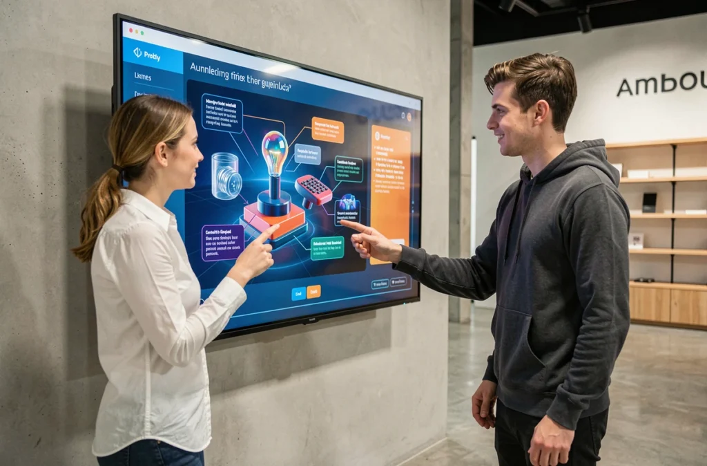 Deux professionnels collaborant devant un écran interactif de réalité augmentée dans un showroom de marketing numérique