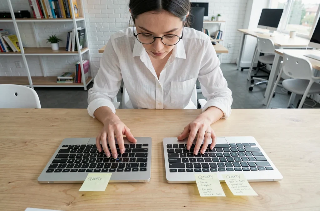 Comparaison de deux claviers qzerty et qwerty posés sur un bureau minimaliste en bois dans un espace de coworking