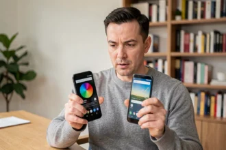 Homme comparant deux smartphones Google Pixel côte à côte dans un bureau moderne