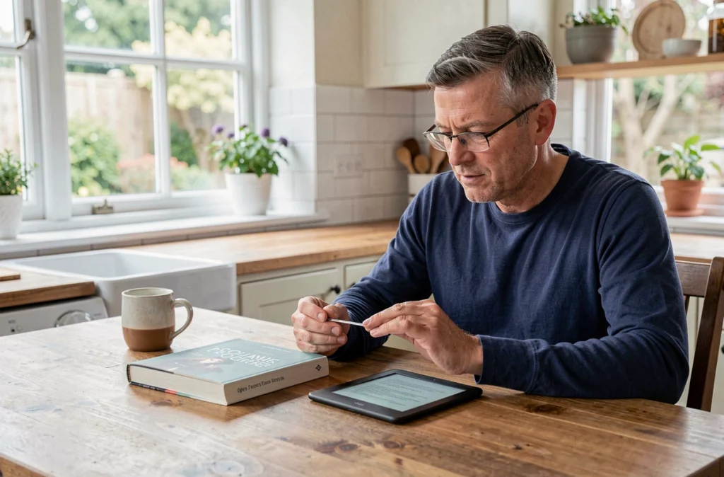 Homme comparant un livre papier et une liseuse Kindle sur une table de cuisine