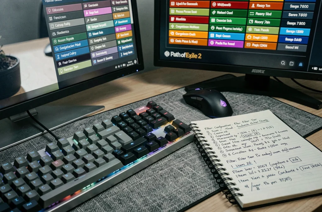 Configuration de filtre de loot Path of Exile 2 avec notes manuscrites et écran d'inventaire coloré en arrière-plan
