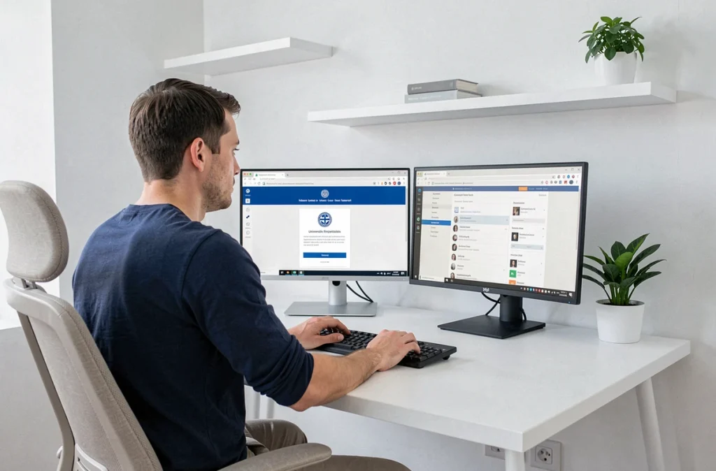 Homme connecté à distance au portail intranet universitaire Lyon 3 depuis un bureau à domicile