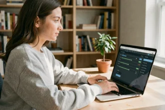 Jeune femme convertissant une vidéo en MP4 sur un ordinateur portable dans un bureau à domicile