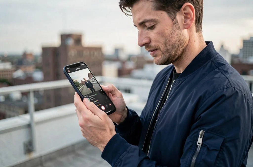 Homme regardant une vidéo convertie sur smartphone pour TikTok sur une terrasse urbaine