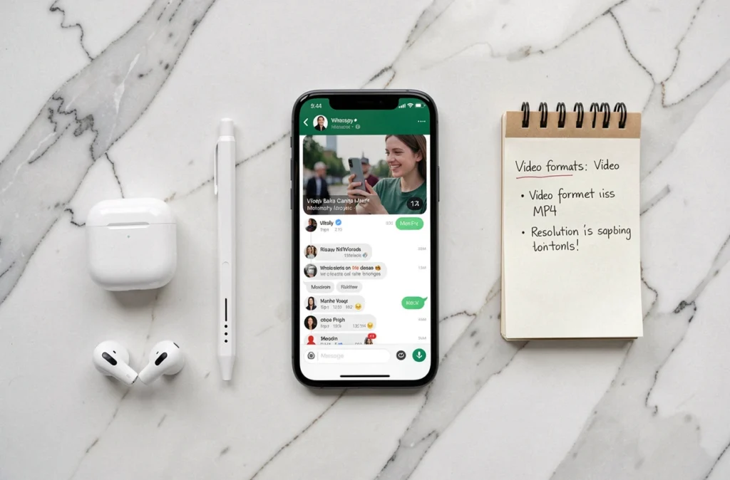 Vue de dessus d'un smartphone avec vidéo WhatsApp et accessoires pour illustrer la conversion vidéo en MP4