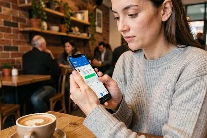 Femme créant un sondage sur Messenger depuis son smartphone Android dans un café