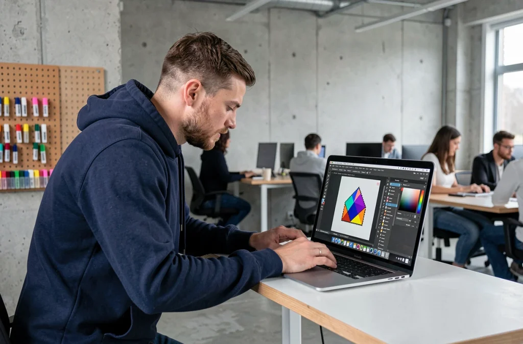 Designer masculin utilisant des raccourcis clavier sur MacBook Air avec logiciel Paint dans un studio créatif