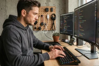 Développeur utilisant un clavier qzerty mécanique dans un bureau moderne avec plusieurs écrans affichant du code