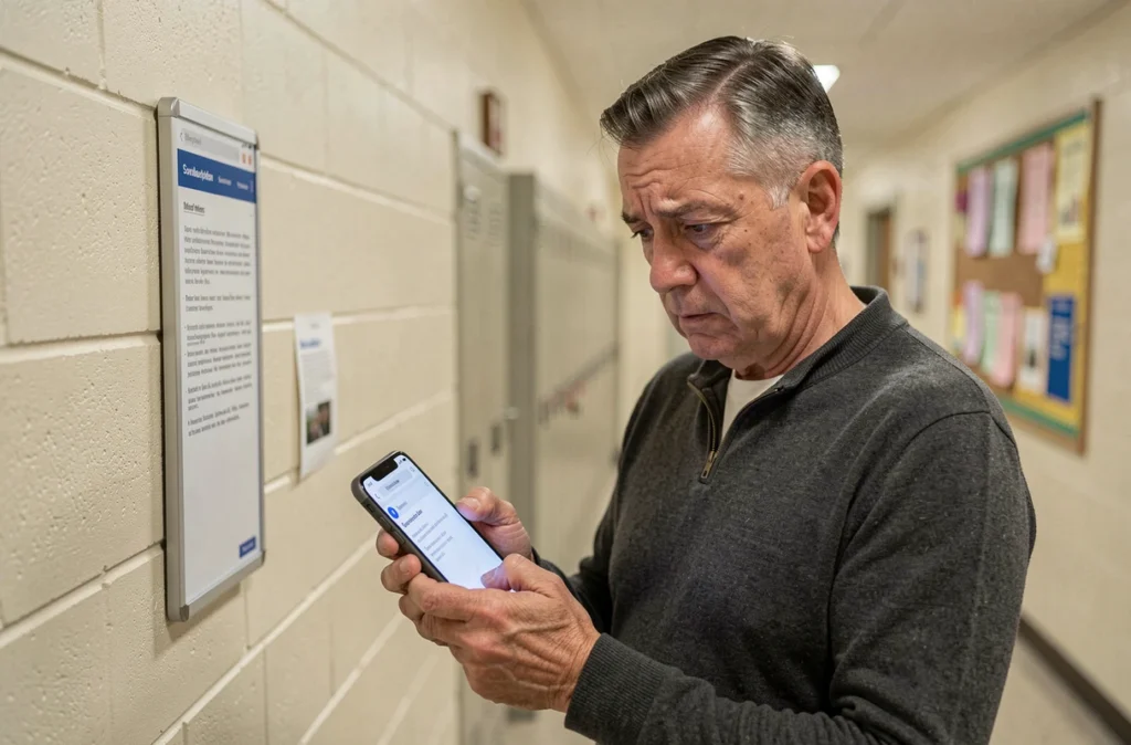 Directeur d'école consultant une messagerie académique défaillante sur son smartphone dans un couloir scolaire