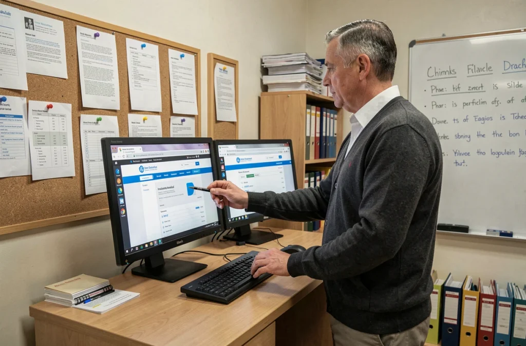 Enseignant comparant deux interfaces de messagerie académique sur un ordinateur de bureau dans une salle des professeurs