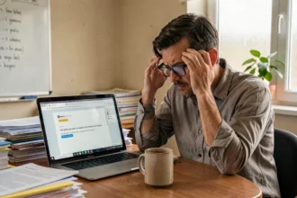 Enseignant frustré face à une messagerie académique inaccessible sur son ordinateur dans un bureau scolaire