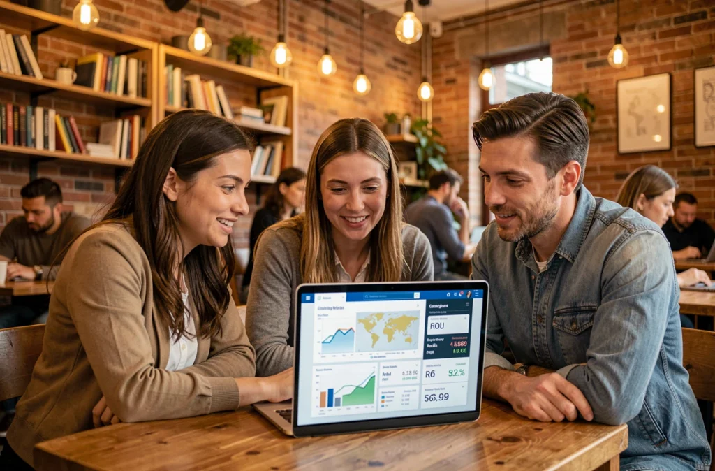 Équipe de professionnels analysant des données de campagne publicitaire en ligne sur un ordinateur portable dans un espace de co-working