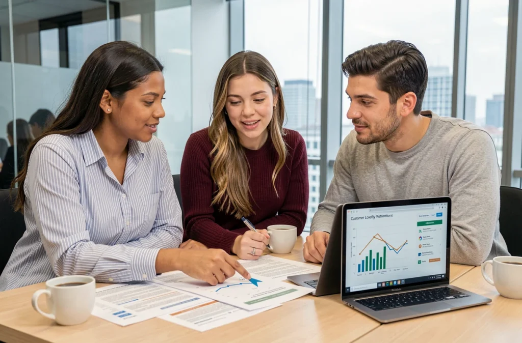 Équipe marketing collaborant autour de rapports de fidélisation client générés par des campagnes de newsletters automatisées