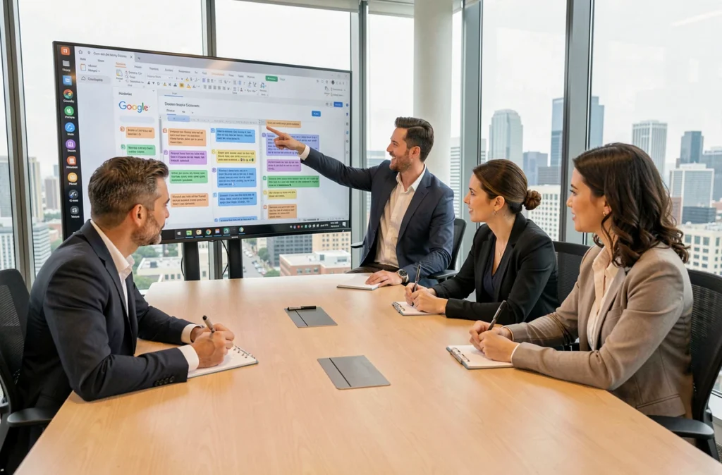 Équipe de professionnels en réunion autour d'un écran affichant des commentaires collaboratifs sur Google Docs
