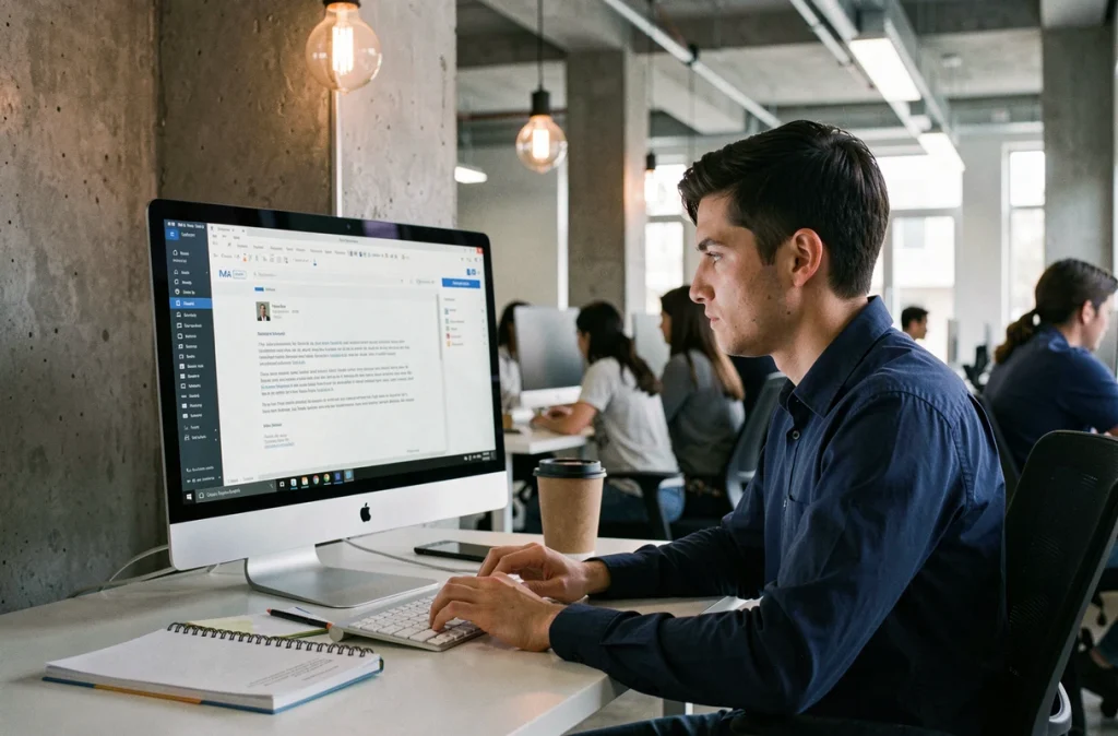 Étudiant rédigeant un email professionnel sur le webmail de l'Université de Nantes dans un espace de travail collaboratif moderne