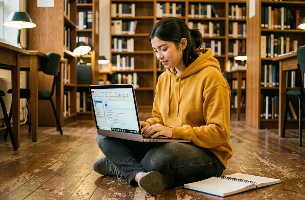 Étudiante assise dans une bibliothèque universitaire explorant les fonctions de recherche avec caractères génériques dans Word