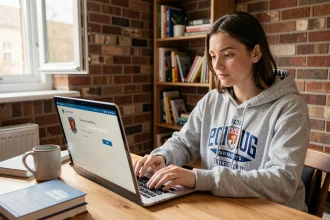 Étudiante accédant à l'intranet de Lyon 3 depuis son appartement sur un ordinateur portable
