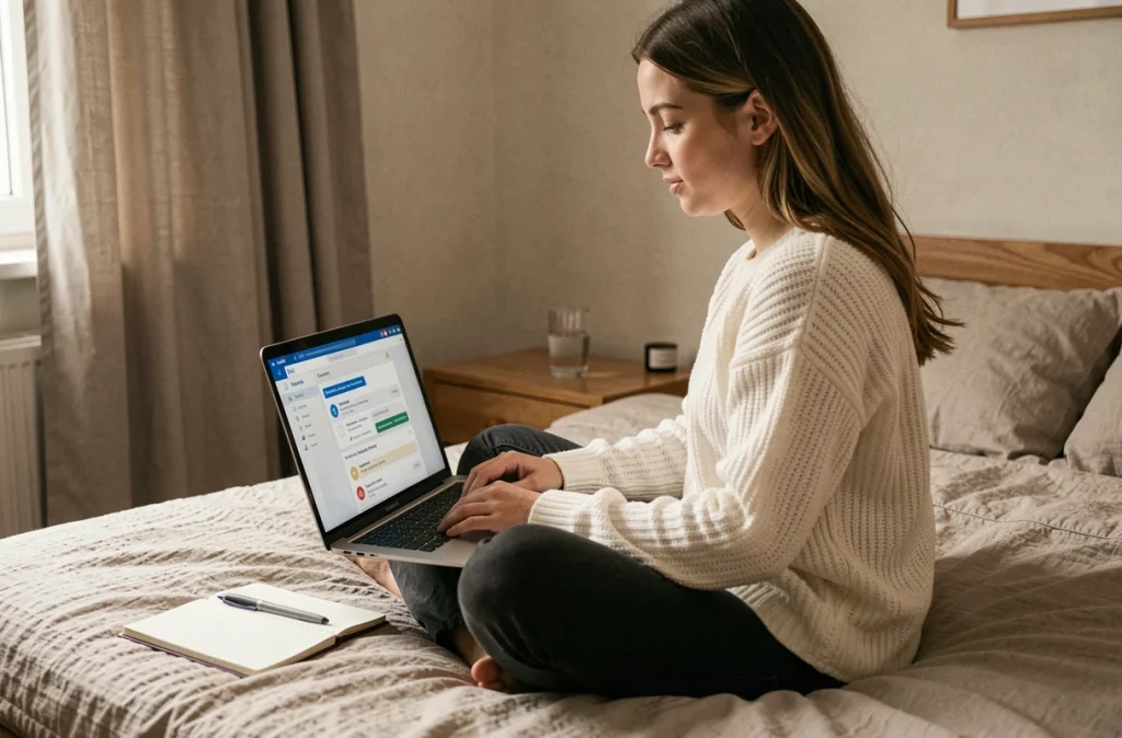 Étudiante de Lyon 3 accédant à son intranet universitaire depuis sa chambre avec un ordinateur portable