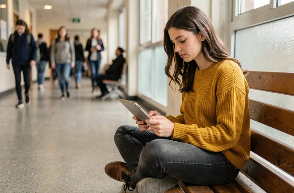 Étudiante consultant sa messagerie académique sur une tablette dans un couloir d'établissement scolaire en Normandie