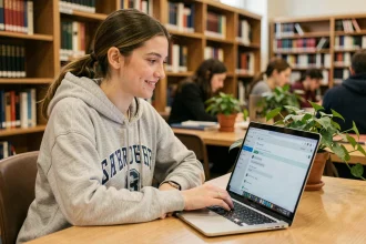 Étudiante en licence consultant son webmail universitaire de Nantes sur un ordinateur portable dans une bibliothèque universitaire