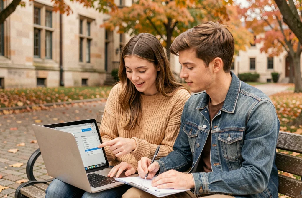 Deux étudiants consultant ensemble le webmail de l'Université de Nantes sur un campus en automne, partageant de bonnes pratiques de messagerie universitaire
