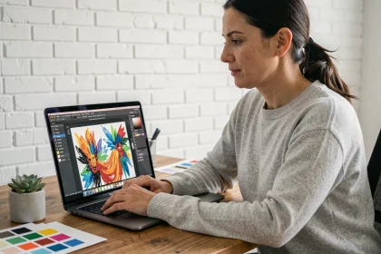 Femme utilisant une application de dessin type Paint sur MacBook Pro dans un bureau à domicile moderne