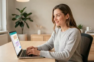 Femme utilisant un chatbot e-commerce sur son ordinateur portable dans un bureau à domicile moderne