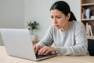 Femme cherchant le tilde sur le clavier d'un MacBook récent avec une expression perplexe