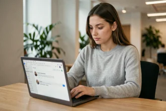 Jeune femme qui ajoute un commentaire collaboratif dans Google Docs sur un ordinateur portable dans un bureau moderne