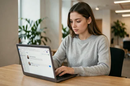 Jeune femme qui ajoute un commentaire collaboratif dans Google Docs sur un ordinateur portable dans un bureau moderne