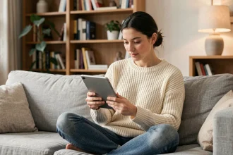 Femme lisant sur une liseuse Kindle confortablement installée dans son salon