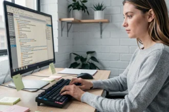 Femme utilisant des raccourcis clavier pour gérer ses fichiers sur ordinateur dans un bureau minimaliste
