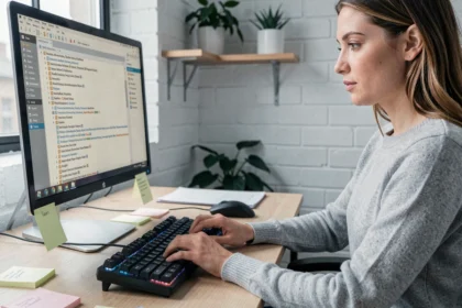 Femme utilisant des raccourcis clavier pour gérer ses fichiers sur ordinateur dans un bureau minimaliste