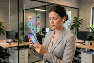 Femme en blazer gris utilisant la réalité augmentée sur smartphone dans un bureau de marketing digital moderne