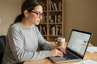 Femme concentrée utilisant les fonctions avancées de recherche dans Microsoft Word sur un ordinateur portable dans un bureau à domicile