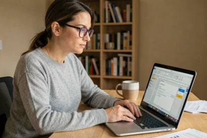 Femme concentrée utilisant les fonctions avancées de recherche dans Microsoft Word sur un ordinateur portable dans un bureau à domicile