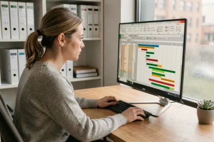 Femme concentrée travaillant sur un tableau Excel dynamique de suivi de projets dans un bureau moderne