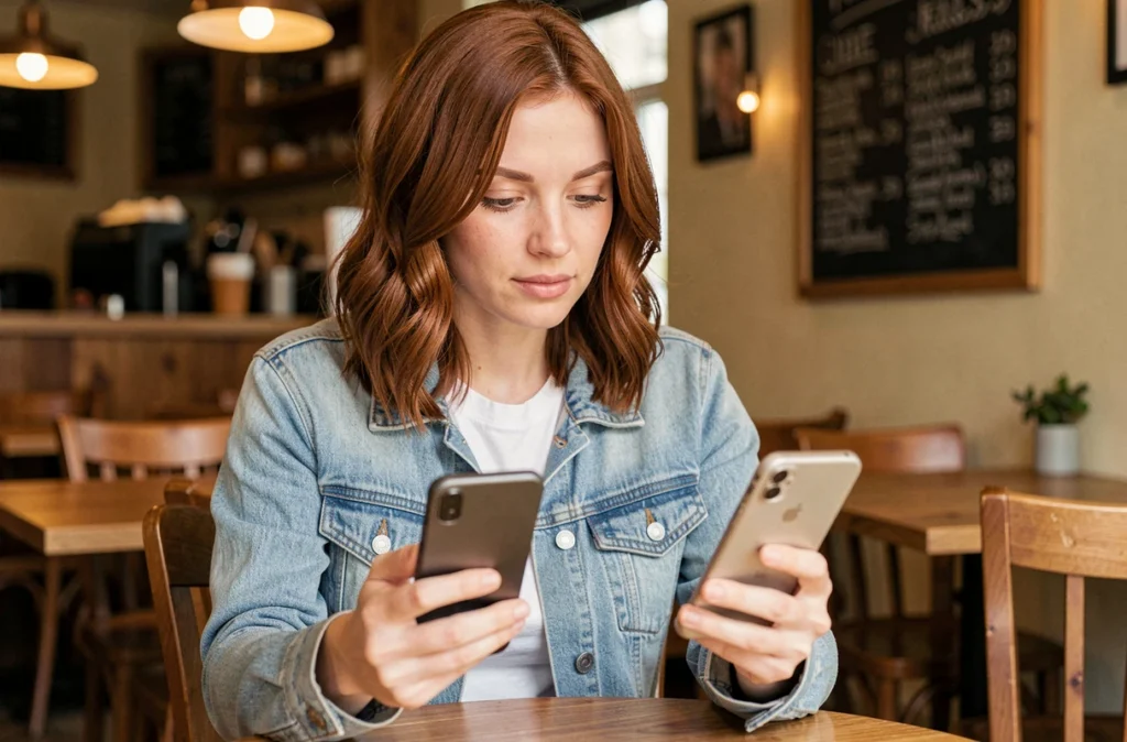 Femme comparant le Google Pixel 6a et le Pixel 7a dans un café