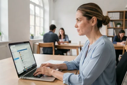 Femme utilisant le webmail académique Mel AC Normandie sur un ordinateur portable dans un bureau administratif