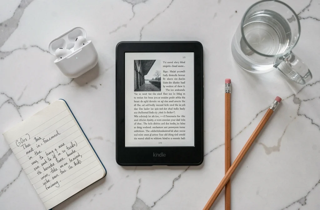Flat lay d'une liseuse Kindle avec accessoires sur un bureau en marbre blanc