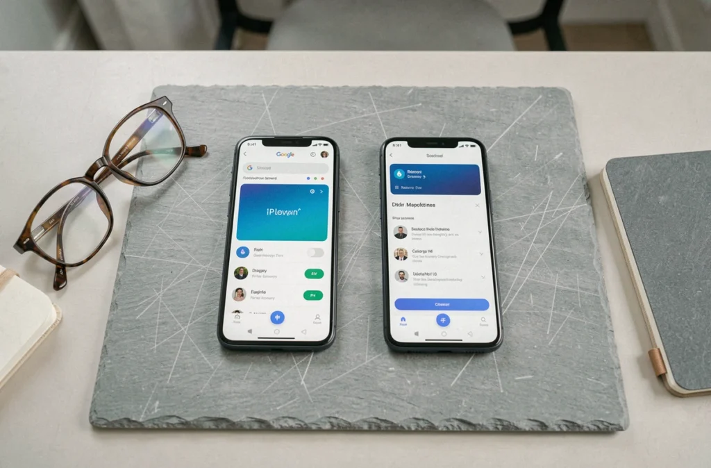 Vue de dessus du Google Pixel 6a et Pixel 7a posés côte à côte sur une surface en ardoise