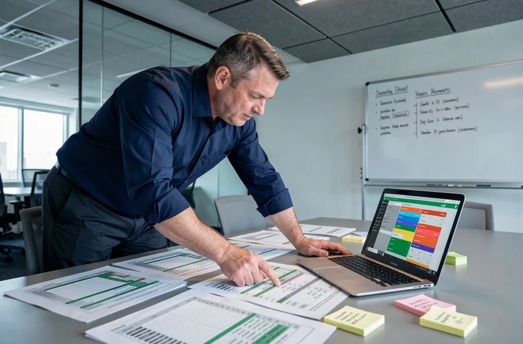 Homme d'affaires analysant des tableaux Excel dynamiques de gestion de projet en salle de réunion