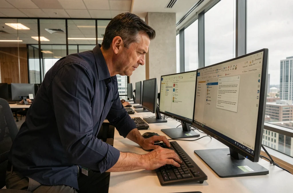 Homme en bureau open space gérant ses dossiers informatiques avec des raccourcis clavier sur double écran