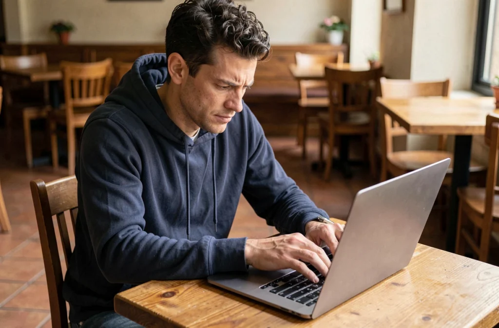Homme utilisant un MacBook Pro dans un café en cherchant à saisir un caractère spécial sur le clavier